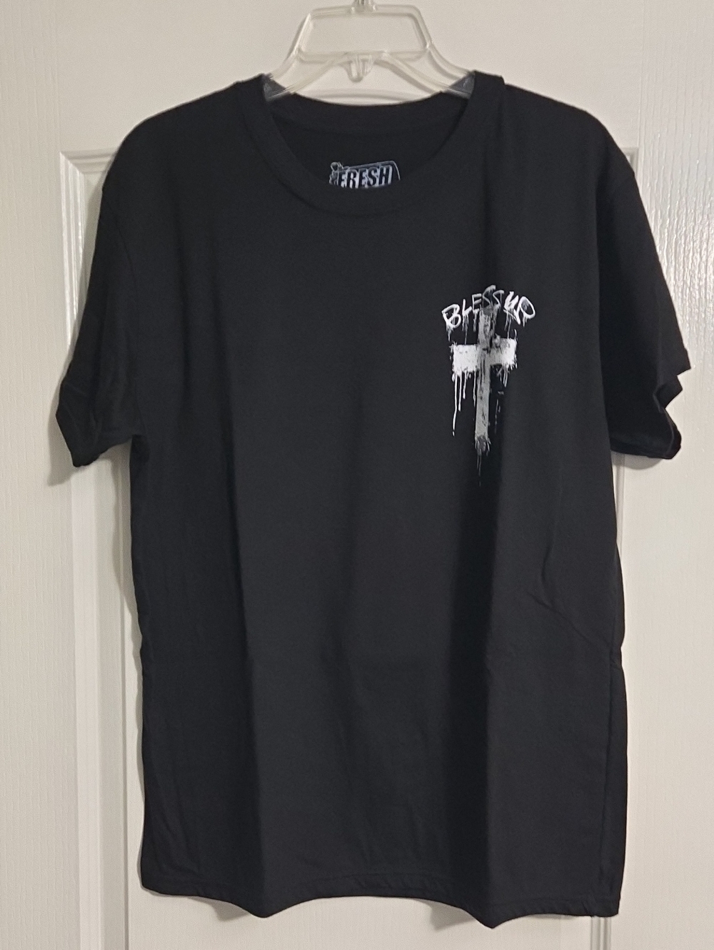 Fresh Laundry Black Tee with White Drip Cross Graphic and 'Bless Up' Script